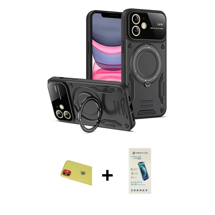 MARSİLYAN™- iPhone 11 Kılıf Kıvılcım Modern Serisi - Şeffaf Pasifik Cam Ekran Koruyucu + Kırmızı Rainbow Kamera Lens Koruma Cam