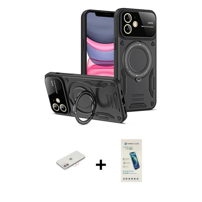 MARSİLYAN™- iPhone 11 Kılıf Kıvılcım Modern Serisi - Şeffaf Pasifik Cam Ekran Koruyucu + Renkli Kamera Lens Koruma Cam - PE