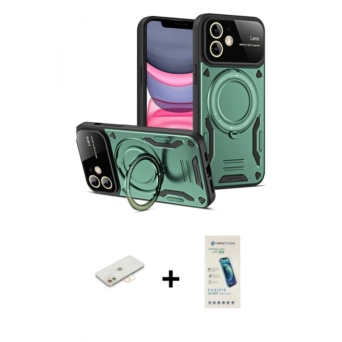 MARSİLYAN™- iPhone 11 Kılıf Kıvılcım Modern Serisi - Şeffaf Pasifik Cam Ekran Koruyucu + Renkli Kamera Lens Koruma Cam - SI