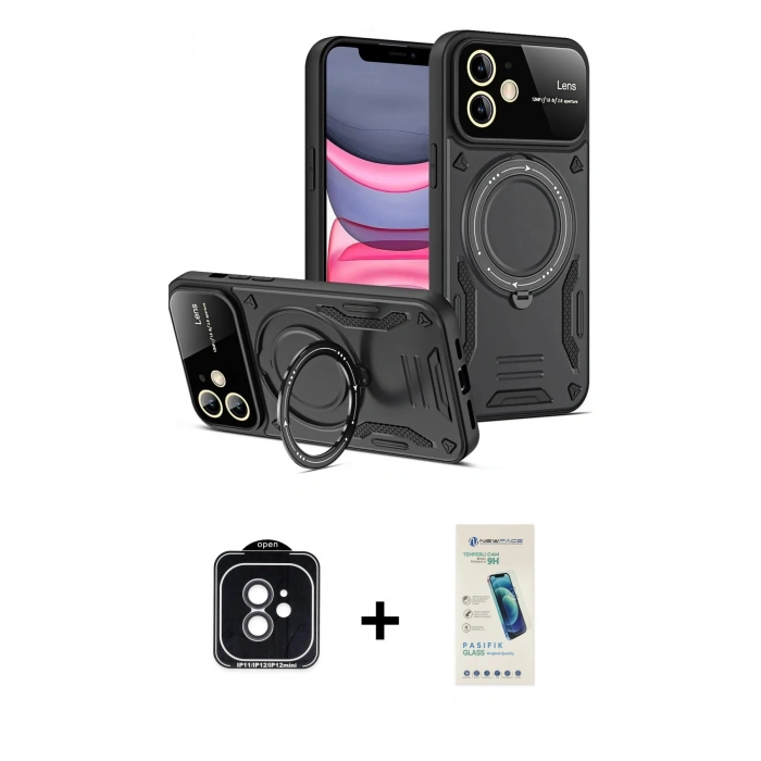 MARSİLYAN™- iPhone 11 Kılıf Kıvılcım Modern Serisi - Şeffaf Pasifik Cam Ekran Koruyucu + PVD Metal Kamera Lens - SH
