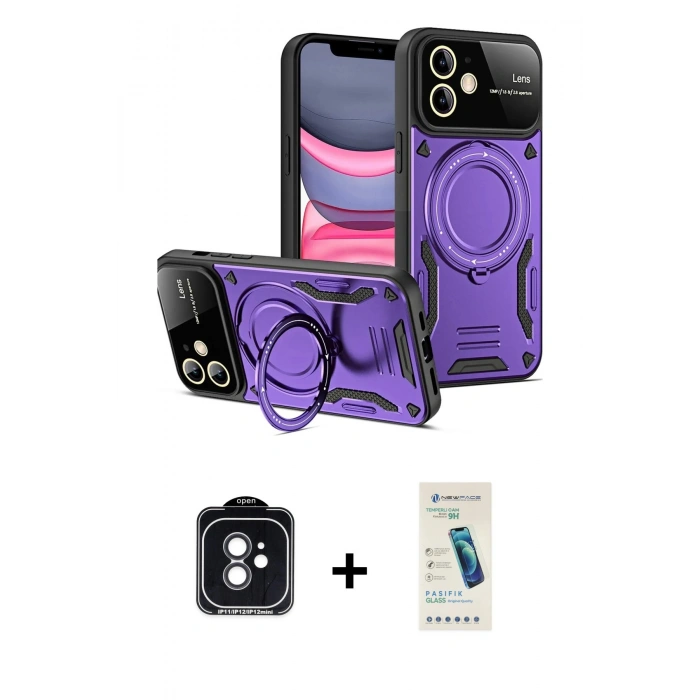 MARSİLYAN™- iPhone 11 Kılıf Kıvılcım Modern Serisi - Şeffaf Pasifik Cam Ekran Koruyucu + PVD Metal Kamera Lens - SH