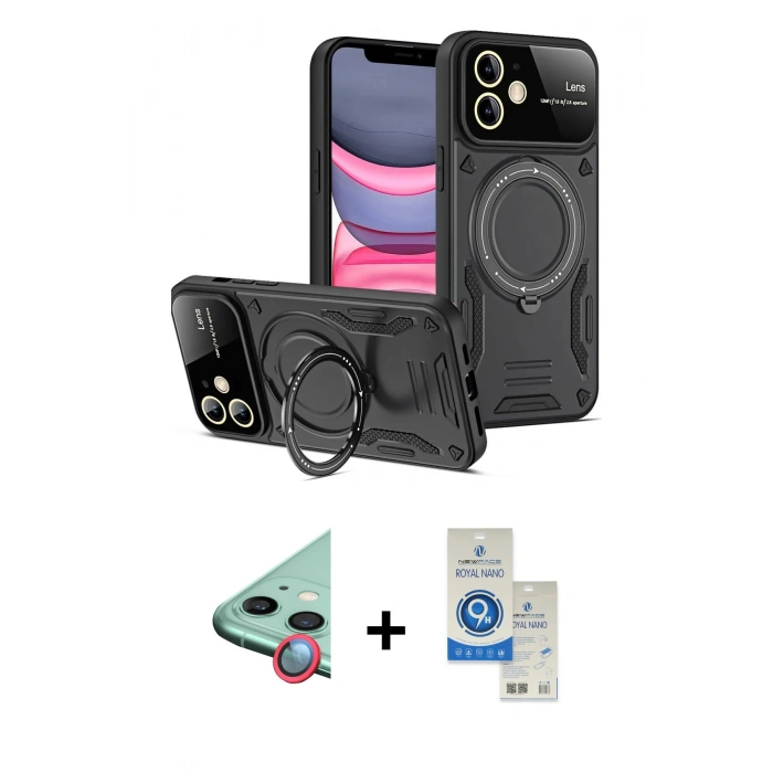 MARSİLYAN™- iPhone 11 Kılıf Kıvılcım Modern Serisi - Şeffaf Royal Nano Ekran Koruyucu + Raze Metal Kamera Lens - KI
