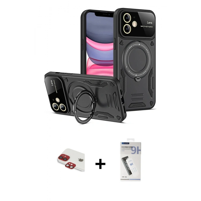 MARSİLYAN™- iPhone 11 Kılıf Kıvılcım Modern Serisi - Şeffaf Uv Polymer Nano Ekran Koruyucu + Kırmızı Pers Alüminyum Kamera Lens