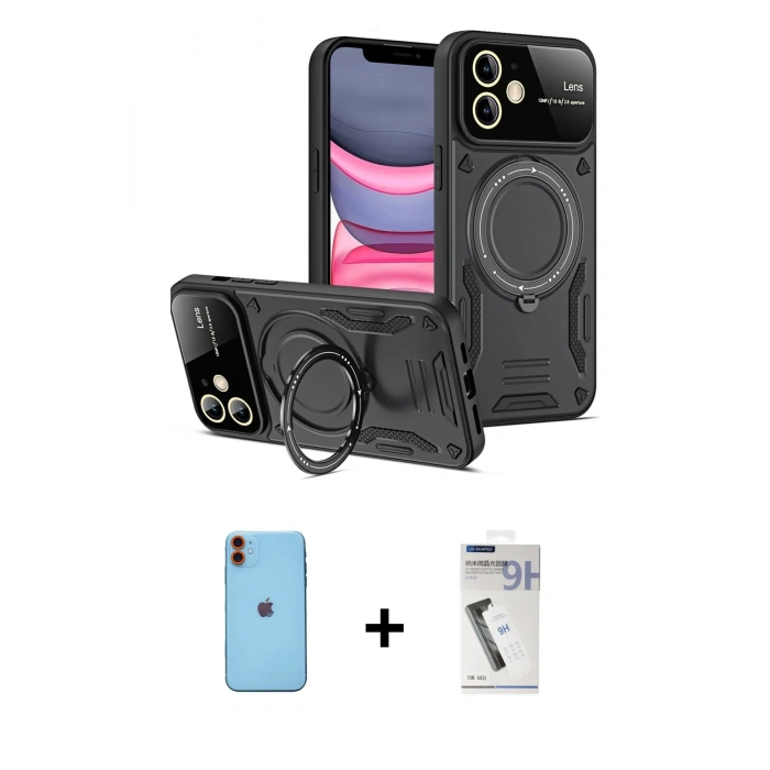 MARSİLYAN™- iPhone 11 Kılıf Kıvılcım Modern Serisi - Şeffaf Uv Polymer Nano Ekran Koruyucu + Turuncu Neon Fosforlu Kamera Lens