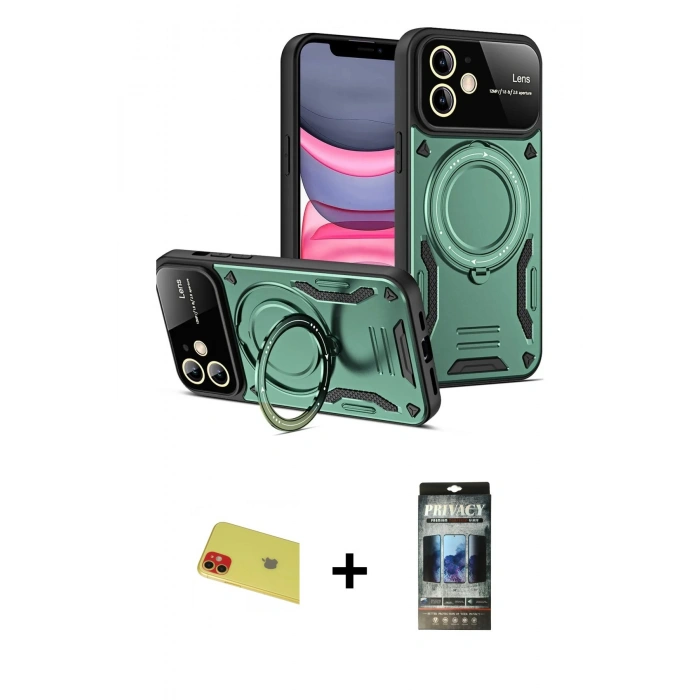 MARSİLYAN™- iPhone 11 Kılıf Kıvılcım Modern Serisi - Siyah 34D Hayalet Izgaralı Cam + Kırmızı Rainbow Kamera Lens Koruma Cam