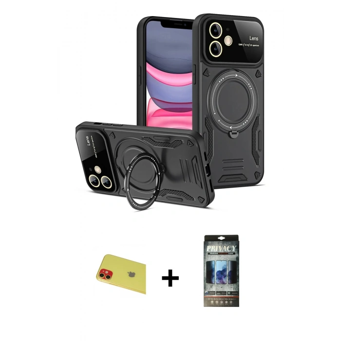 MARSİLYAN™- iPhone 11 Kılıf Kıvılcım Modern Serisi - Siyah 34D Hayalet Izgaralı Cam + Kırmızı Rainbow Kamera Lens Koruma Cam