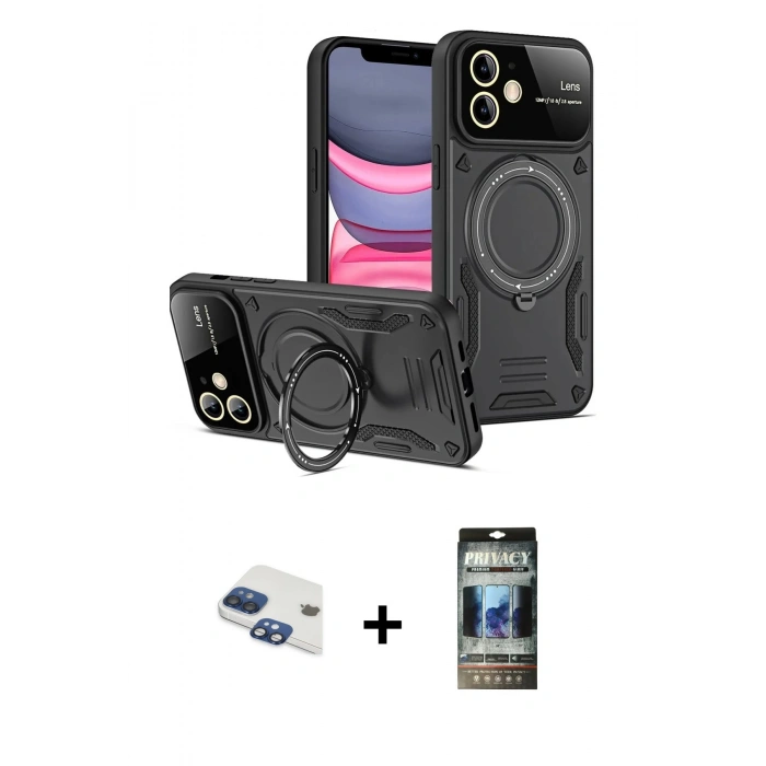 MARSİLYAN™- iPhone 11 Kılıf Kıvılcım Modern Serisi - Siyah 34D Hayalet Izgaralı Cam + Pers Alüminyum Kamera Lens - LT