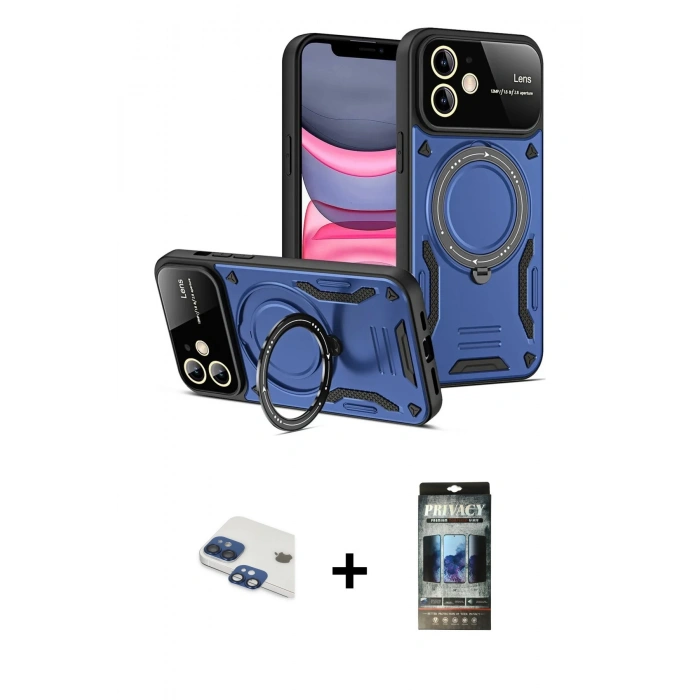 MARSİLYAN™- iPhone 11 Kılıf Kıvılcım Modern Serisi - Siyah 34D Hayalet Izgaralı Cam + Pers Alüminyum Kamera Lens - LT