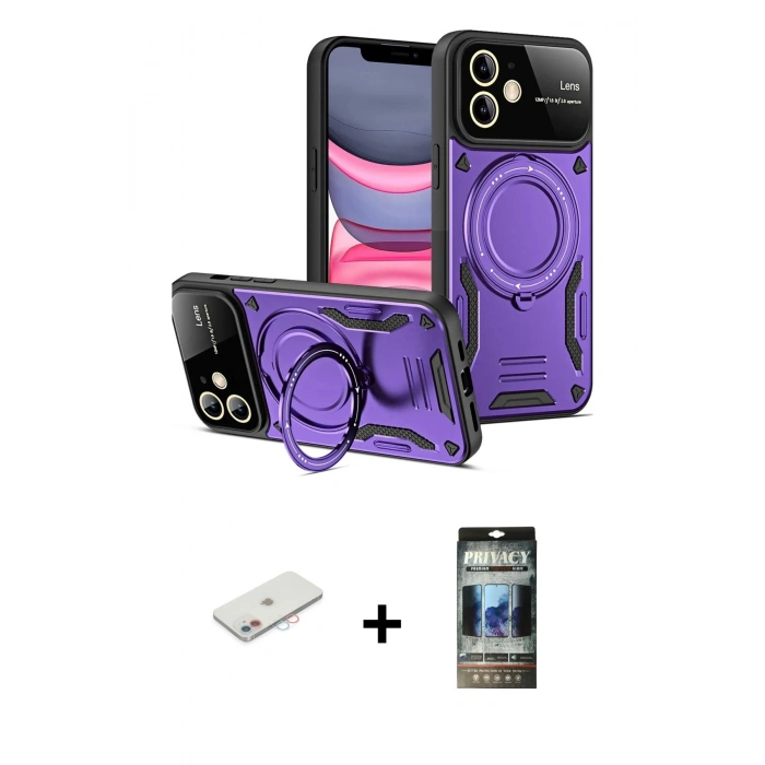 MARSİLYAN™- iPhone 11 Kılıf Kıvılcım Modern Serisi - Siyah 34D Hayalet Izgaralı Cam + Renkli Kamera Lens Koruma Cam - PE