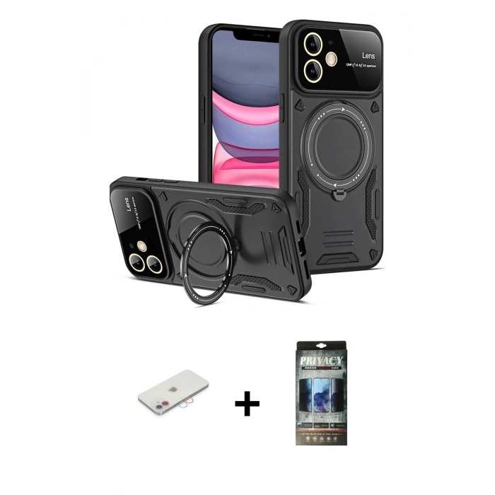 MARSİLYAN™- iPhone 11 Kılıf Kıvılcım Modern Serisi - Siyah 34D Hayalet Izgaralı Cam + Renkli Kamera Lens Koruma Cam - PE