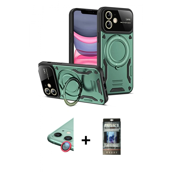 MARSİLYAN™- iPhone 11 Kılıf Kıvılcım Modern Serisi - Siyah 34D Hayalet Izgaralı Cam + Raze Metal Kamera Lens - KI
