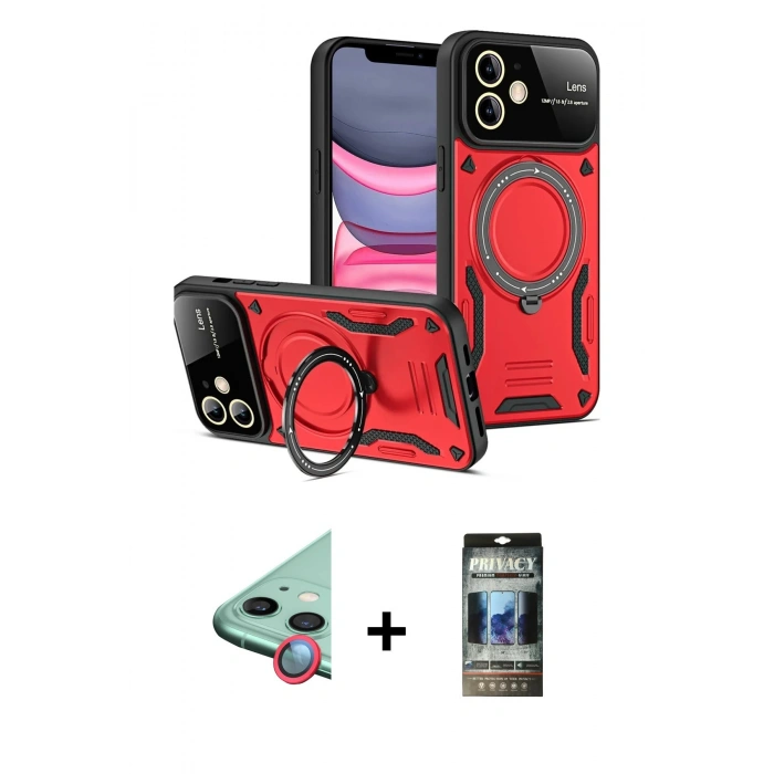 MARSİLYAN™- iPhone 11 Kılıf Kıvılcım Modern Serisi - Siyah 34D Hayalet Izgaralı Cam + Raze Metal Kamera Lens - KI