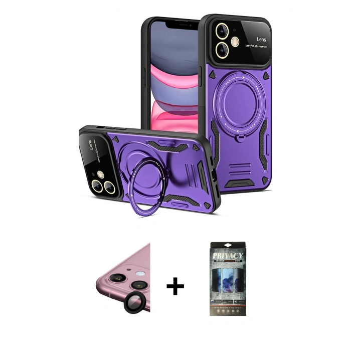 MARSİLYAN™- iPhone 11 Kılıf Kıvılcım Modern Serisi - Siyah 34D Hayalet Izgaralı Cam + Raze Metal Kamera Lens - SH