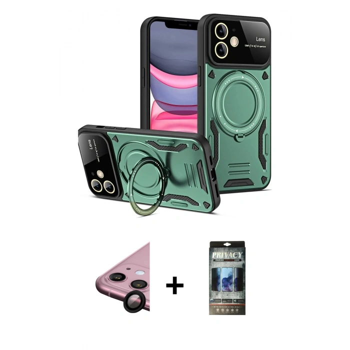 MARSİLYAN™- iPhone 11 Kılıf Kıvılcım Modern Serisi - Siyah 34D Hayalet Izgaralı Cam + Raze Metal Kamera Lens - SH