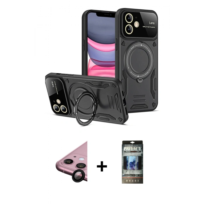 MARSİLYAN™- iPhone 11 Kılıf Kıvılcım Modern Serisi - Siyah 34D Hayalet Izgaralı Cam + Raze Metal Kamera Lens - SH