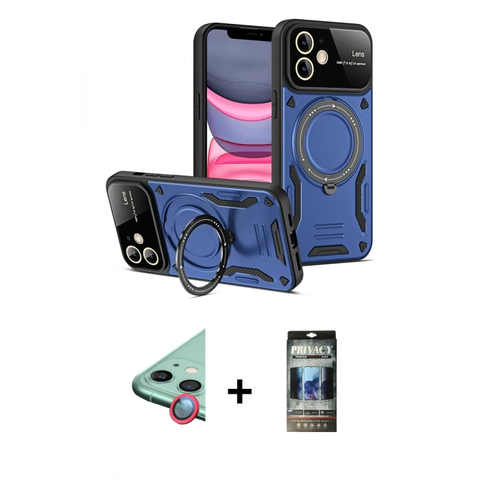 MARSİLYAN™- iPhone 11 Kılıf Kıvılcım Modern Serisi - Siyah 34D Hayalet Izgaralı Cam + Raze Metal Kamera Lens - KI