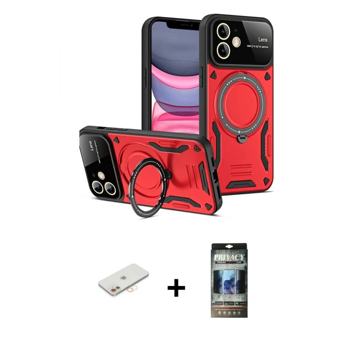 MARSİLYAN™- iPhone 11 Kılıf Kıvılcım Modern Serisi - Siyah 34D Hayalet Izgaralı Cam + Renkli Kamera Lens Koruma Cam - YL