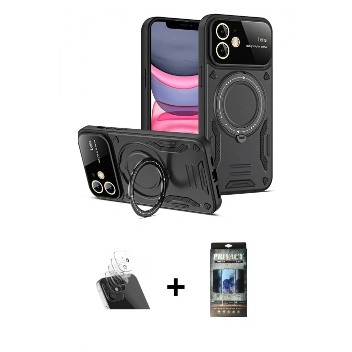 MARSİLYAN™- iPhone 11 Kılıf Kıvılcım Modern Serisi - Siyah 34D Hayalet Izgaralı Cam + Kamera Lens Koruma Cam - SF