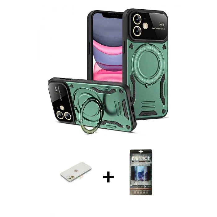 MARSİLYAN™- iPhone 11 Kılıf Kıvılcım Modern Serisi - Siyah 34D Hayalet Izgaralı Cam + Renkli Kamera Lens Koruma Cam - TU