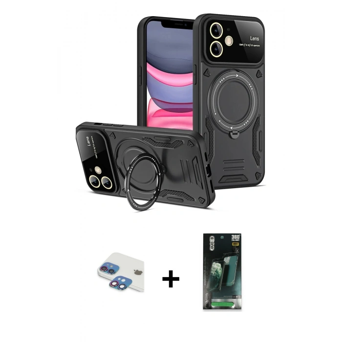 MARSİLYAN™- iPhone 11 Kılıf Kıvılcım Modern Serisi - Siyah 360 Mat Full Body Arka Koruyucu + Pers Alüminyum Kamera Lens - GI
