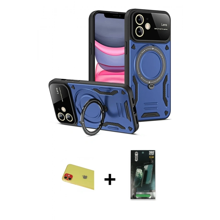 MARSİLYAN™- iPhone 11 Kılıf Kıvılcım Modern Serisi - Siyah 360 Mat Full Body Arka Koruyucu + Kırmızı Rainbow Kamera Lens Koruma Cam
