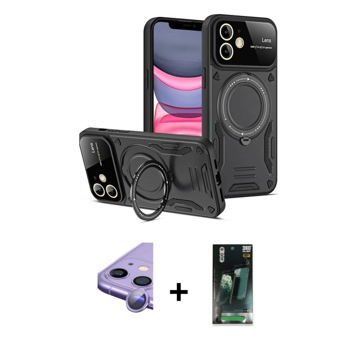 MARSİLYAN™- iPhone 11 Kılıf Kıvılcım Modern Serisi - Siyah 360 Mat Full Body Arka Koruyucu + Raze Metal Kamera Lens - MR