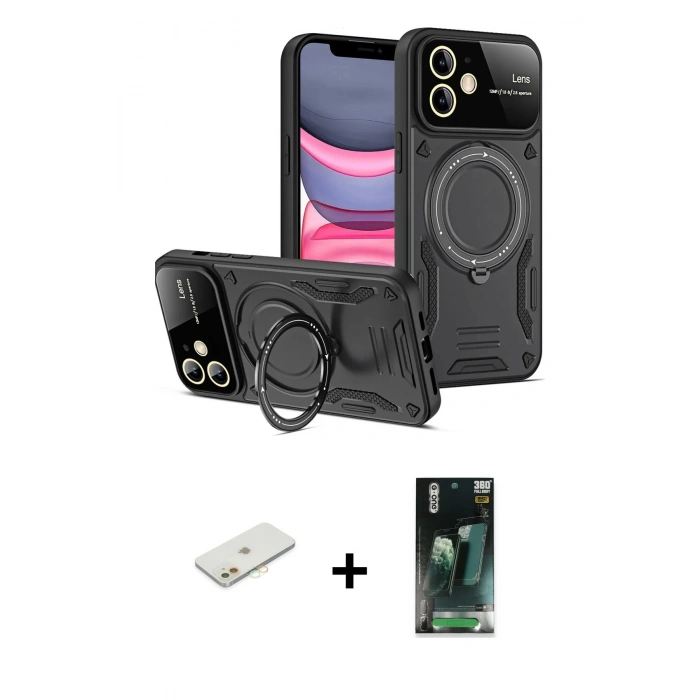 MARSİLYAN™- iPhone 11 Kılıf Kıvılcım Modern Serisi - Siyah 360 Mat Full Body Arka Koruyucu + Renkli Kamera Lens Koruma Cam - TU