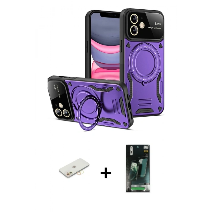 MARSİLYAN™- iPhone 11 Kılıf Kıvılcım Modern Serisi - Siyah 360 Mat Full Body Arka Koruyucu + Renkli Kamera Lens Koruma Cam - SI