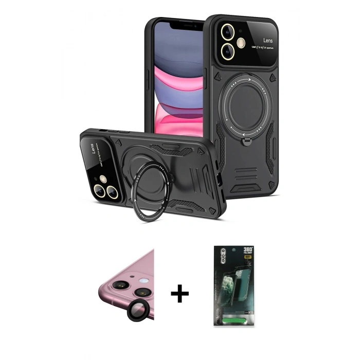 MARSİLYAN™- iPhone 11 Kılıf Kıvılcım Modern Serisi - Siyah 360 Mat Full Body Arka Koruyucu + Raze Metal Kamera Lens - SH