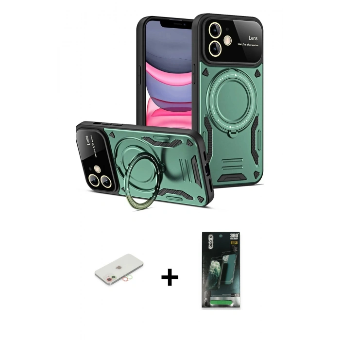 MARSİLYAN™- iPhone 11 Kılıf Kıvılcım Modern Serisi - Siyah 360 Mat Full Body Arka Koruyucu + Renkli Kamera Lens Koruma Cam - YL