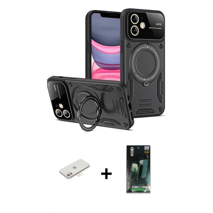 MARSİLYAN™- iPhone 11 Kılıf Kıvılcım Modern Serisi - Siyah 360 Mat Full Body Arka Koruyucu + Renkli Kamera Lens Koruma Cam - YL