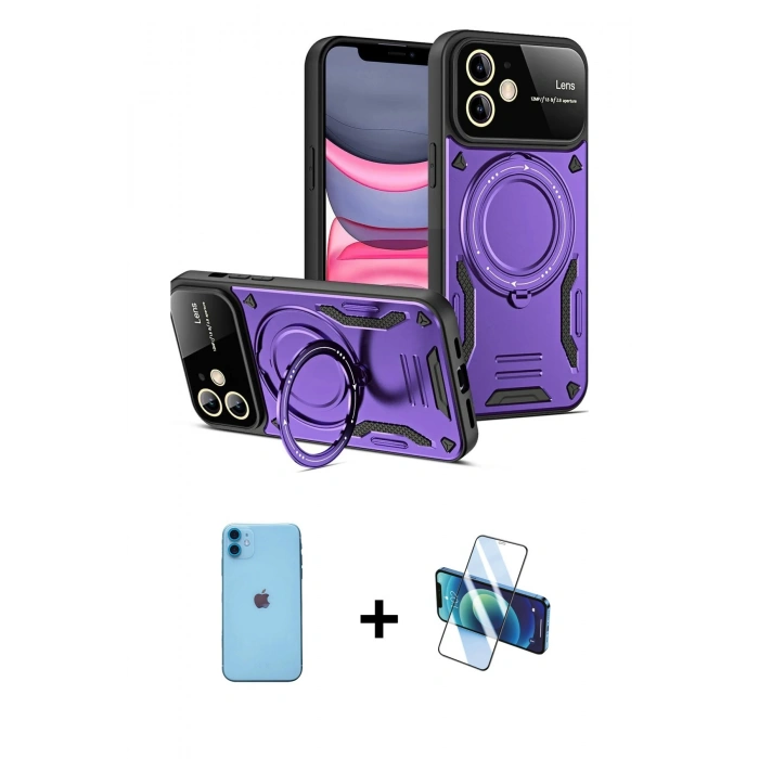 MARSİLYAN™- iPhone 11 Kılıf Kıvılcım Modern Serisi - Siyah 3D Antistatik Cam Ekran Koruyucu + Neon Fosforlu Kamera Lens - MI