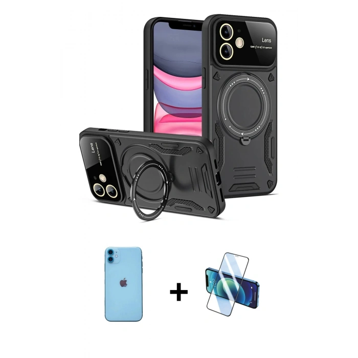 MARSİLYAN™- iPhone 11 Kılıf Kıvılcım Modern Serisi - Siyah 3D Antistatik Cam Ekran Koruyucu + Neon Fosforlu Kamera Lens - MI