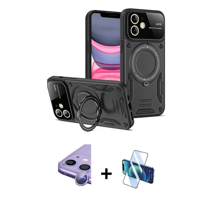 MARSİLYAN™- iPhone 11 Kılıf Kıvılcım Modern Serisi - Siyah 3D Antistatik Cam Ekran Koruyucu + Raze Metal Kamera Lens - MR