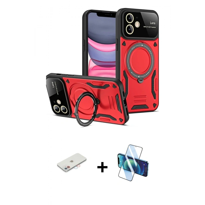 MARSİLYAN™- iPhone 11 Kılıf Kıvılcım Modern Serisi - Siyah 3D Antistatik Cam Ekran Koruyucu + Renkli Kamera Lens Koruma Cam - PE