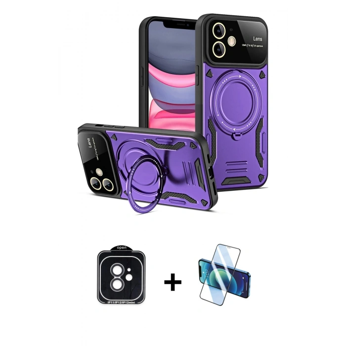 MARSİLYAN™- iPhone 11 Kılıf Kıvılcım Modern Serisi - Siyah 3D Antistatik Cam Ekran Koruyucu + PVD Metal Kamera Lens - SH