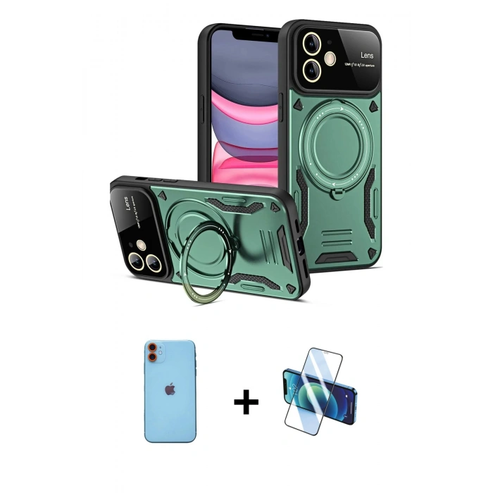 MARSİLYAN™- iPhone 11 Kılıf Kıvılcım Modern Serisi - Siyah 3D Antistatik Cam Ekran Koruyucu + Neon Fosforlu Kamera Lens - TU