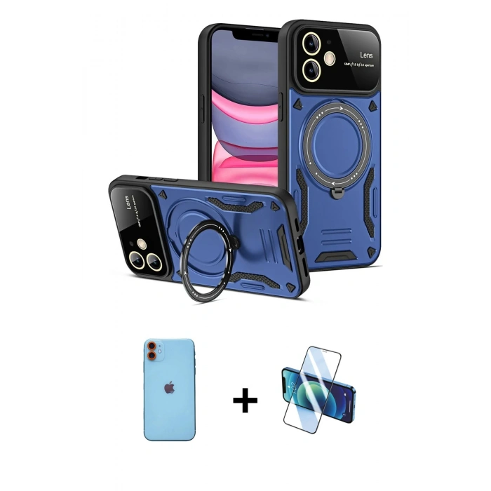 MARSİLYAN™- iPhone 11 Kılıf Kıvılcım Modern Serisi - Siyah 3D Antistatik Cam Ekran Koruyucu + Neon Fosforlu Kamera Lens - TU