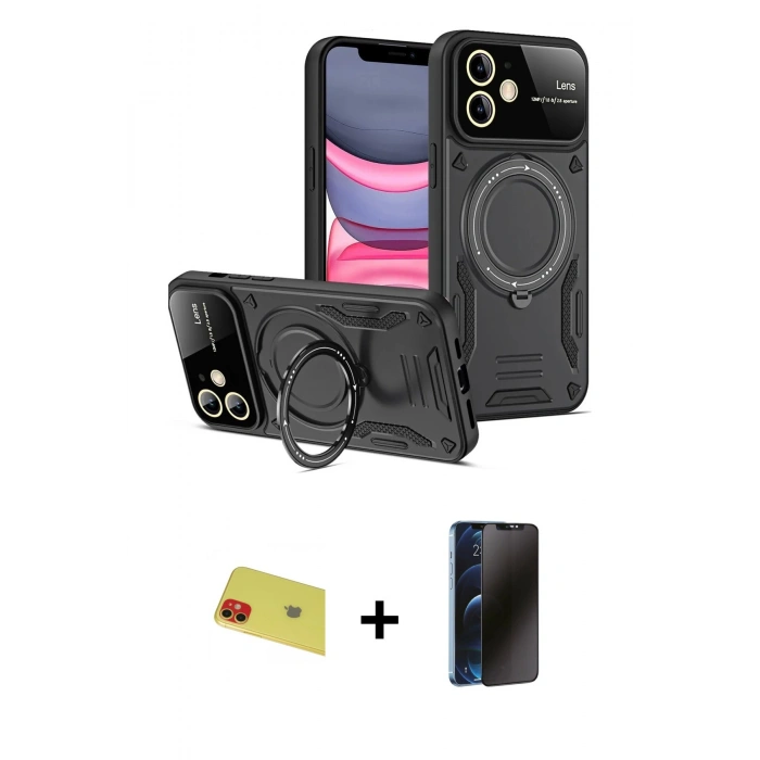 MARSİLYAN™- iPhone 11 Kılıf Kıvılcım Modern Serisi - Siyah 3D Antistatik Hayalet Cam Ekran Koruyucu + Rainbow Kamera Lens Koruma Cam - KI