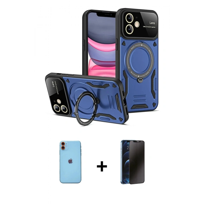MARSİLYAN™- iPhone 11 Kılıf Kıvılcım Modern Serisi - Siyah 3D Antistatik Hayalet Cam Ekran Koruyucu + Neon Fosforlu Kamera Lens - TU