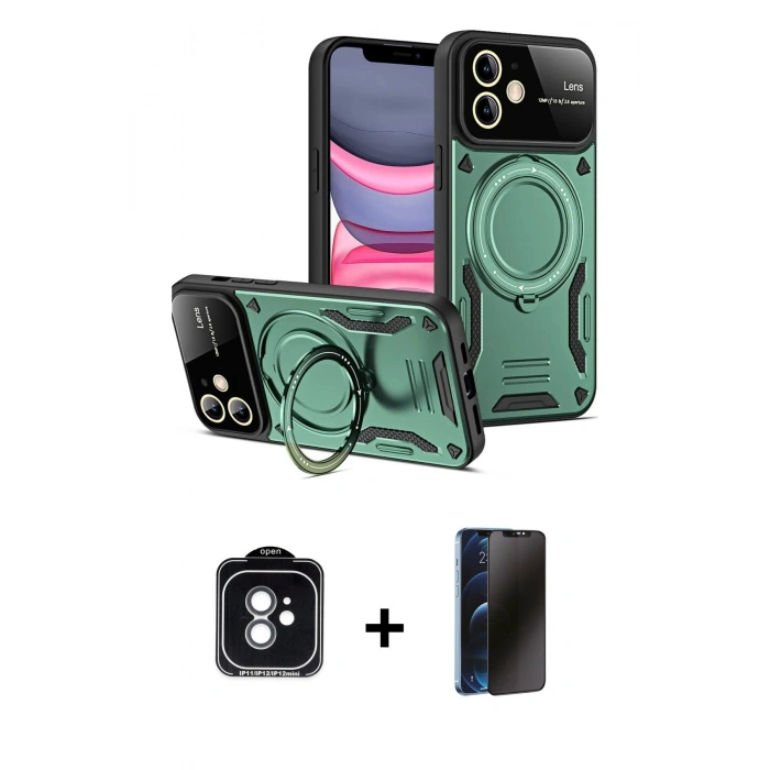 MARSİLYAN™- iPhone 11 Kılıf Kıvılcım Modern Serisi - Siyah 3D Antistatik Hayalet Cam Ekran Koruyucu + PVD Metal Kamera Lens - YL
