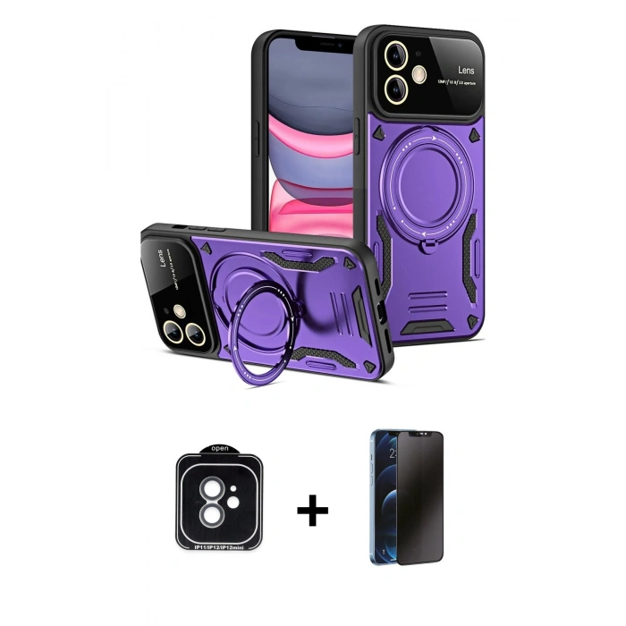 MARSİLYAN™- iPhone 11 Kılıf Kıvılcım Modern Serisi - Siyah 3D Antistatik Hayalet Cam Ekran Koruyucu + PVD Metal Kamera Lens - YL