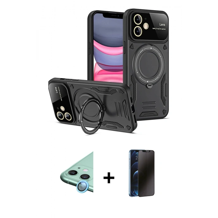 MARSİLYAN™- iPhone 11 Kılıf Kıvılcım Modern Serisi - Siyah 3D Antistatik Hayalet Cam Ekran Koruyucu + Raze Metal Kamera Lens - MI