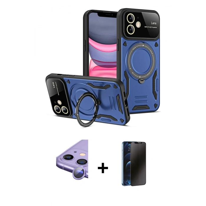 MARSİLYAN™- iPhone 11 Kılıf Kıvılcım Modern Serisi - Siyah 3D Antistatik Hayalet Cam Ekran Koruyucu + Raze Metal Kamera Lens - MR