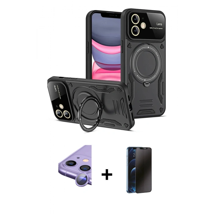 MARSİLYAN™- iPhone 11 Kılıf Kıvılcım Modern Serisi - Siyah 3D Antistatik Hayalet Cam Ekran Koruyucu + Raze Metal Kamera Lens - MR