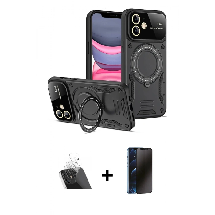 MARSİLYAN™- iPhone 11 Kılıf Kıvılcım Modern Serisi - Siyah 3D Antistatik Hayalet Cam Ekran Koruyucu + Kamera Lens Koruma Cam - SF