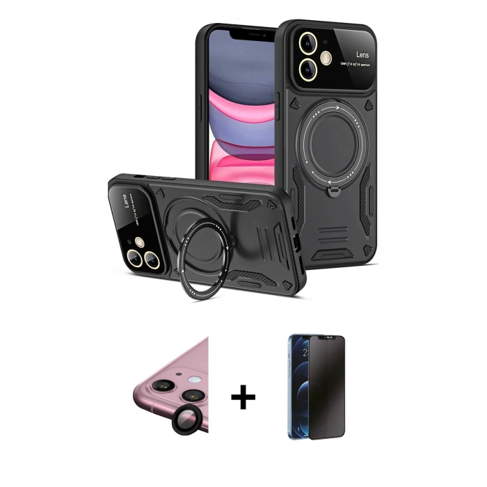 MARSİLYAN™- iPhone 11 Kılıf Kıvılcım Modern Serisi - Siyah 3D Antistatik Hayalet Cam Ekran Koruyucu + Raze Metal Kamera Lens - SH