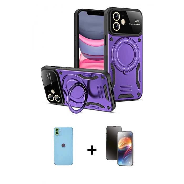MARSİLYAN™- iPhone 11 Kılıf Kıvılcım Modern Serisi - Siyah 3D Antistatik Mat Seramik Nano Ekran Koruyucu + Neon Fosforlu Kamera Lens - YL