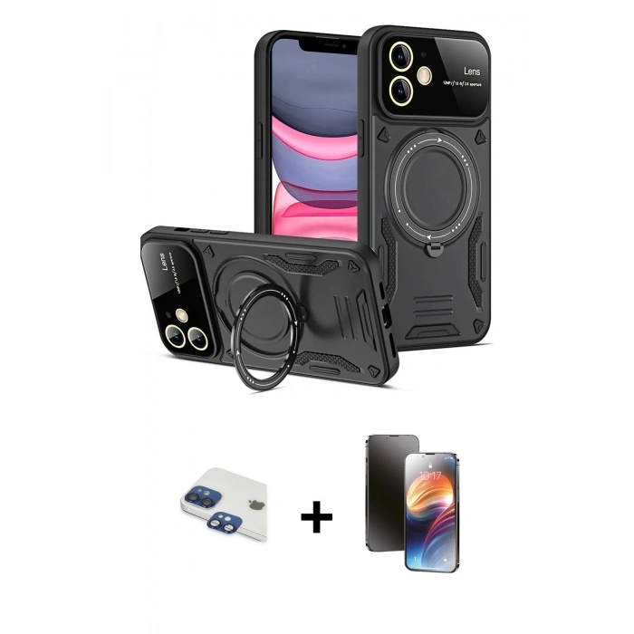 MARSİLYAN™- iPhone 11 Kılıf Kıvılcım Modern Serisi - Siyah 3D Antistatik Mat Seramik Nano Ekran Koruyucu + Pers Alüminyum Kamera Lens - LT