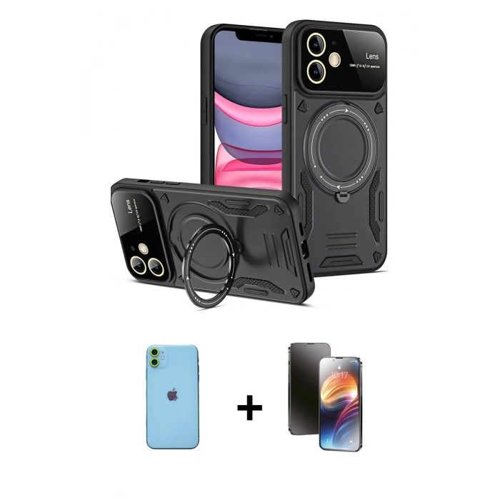 MARSİLYAN™- iPhone 11 Kılıf Kıvılcım Modern Serisi - Siyah 3D Antistatik Mat Seramik Nano Ekran Koruyucu + Neon Fosforlu Kamera Lens - YL